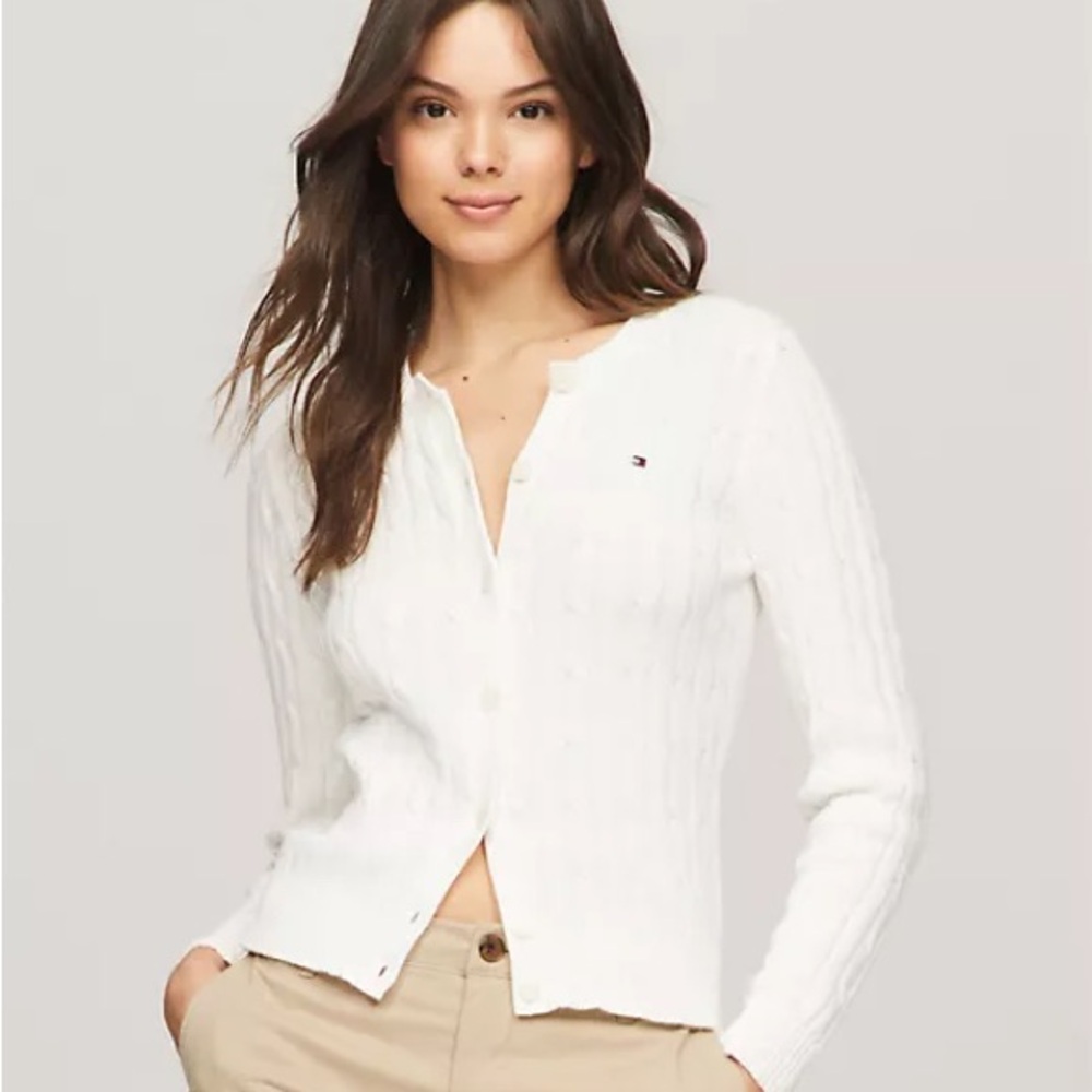 Tommy Hilfiger Long-Sleeve Solid Cable Knit Cardigan in “Milky Way”